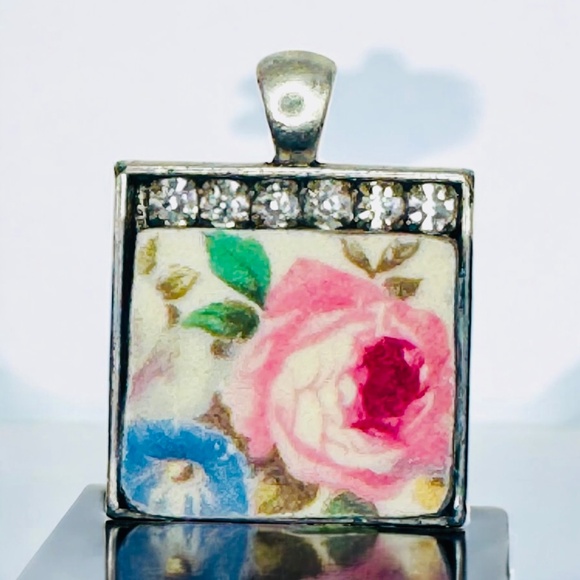 Artisan Jewelry - Homer Laughlin Floral Broken China Square Pendant with Rhinestones Necklace